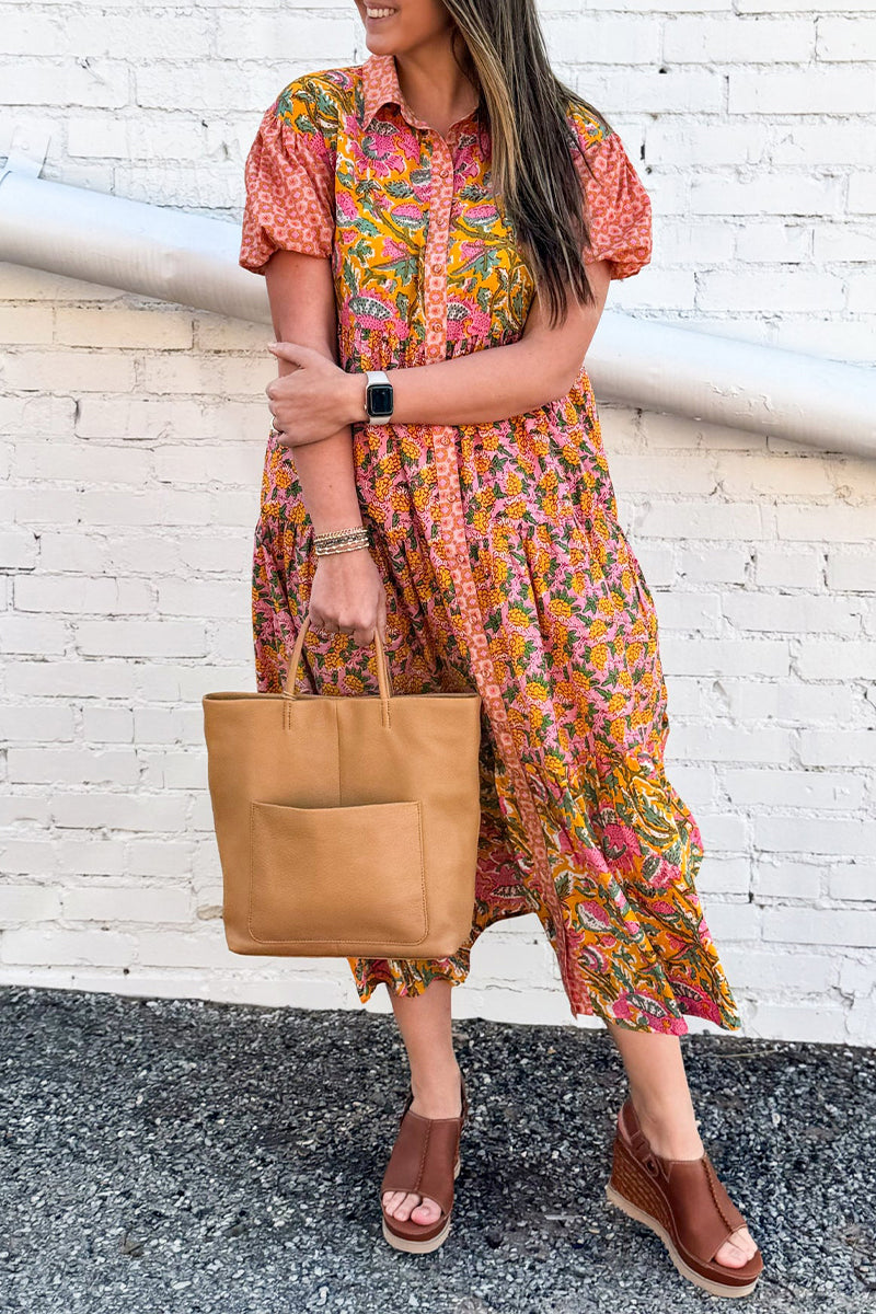 Vestidos casuales de diario con estampado floral, hebilla y cuello vuelto, corte A