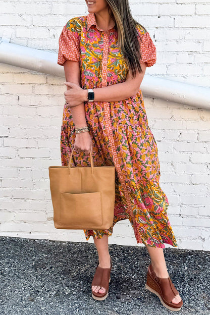 Vestidos casuales de diario con estampado floral, hebilla y cuello vuelto, corte A