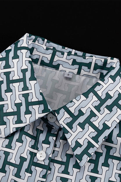 Conjunto informal de dos piezas con cuello vuelto, manga larga y estampado geométrico diario en contraste