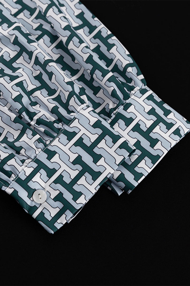 Conjunto informal de dos piezas con cuello vuelto, manga larga y estampado geométrico diario en contraste