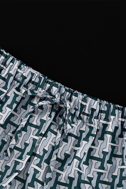 Conjunto informal de dos piezas con cuello vuelto, manga larga y estampado geométrico diario en contraste