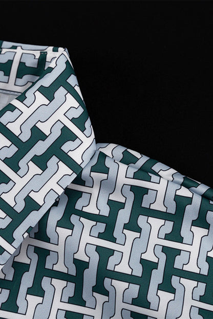 Conjunto informal de dos piezas con cuello vuelto, manga larga y estampado geométrico diario en contraste