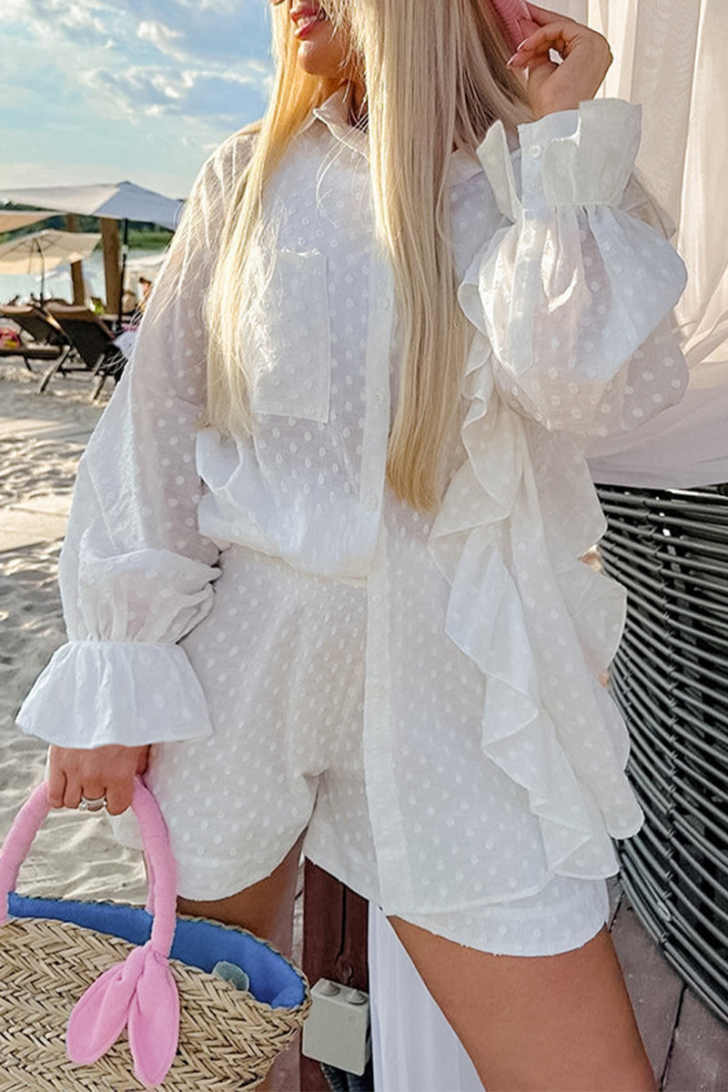 Conjunto informal de dos piezas con cuello vuelto, manga larga y bolsillos de color liso en jacquard para uso diario.