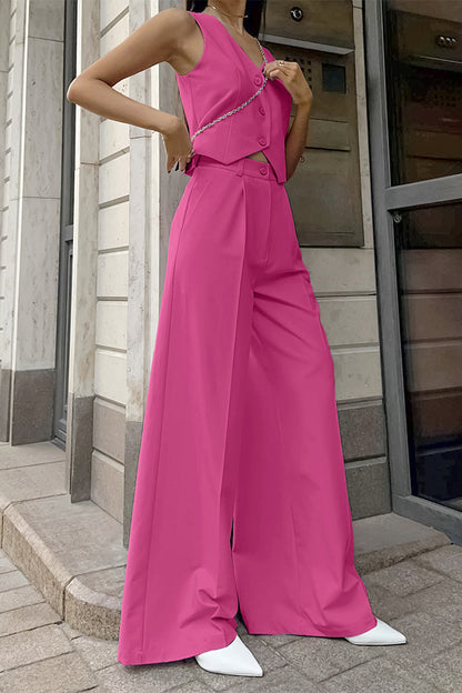 Conjunto informal de dos piezas con cuello en V, sin mangas, bolsillos, botones y color liso