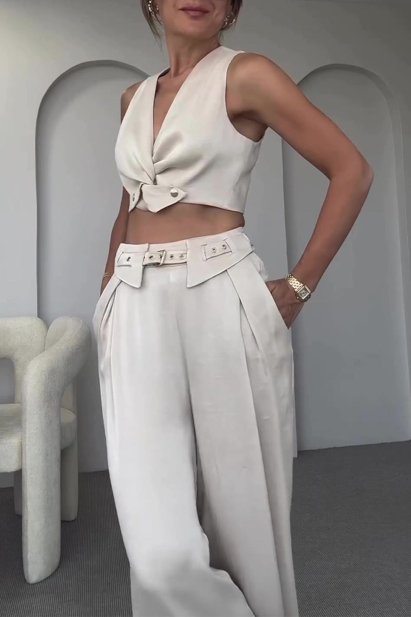 Conjunto informal de dos piezas sin mangas con cuello en V y bolsillos de color sólido