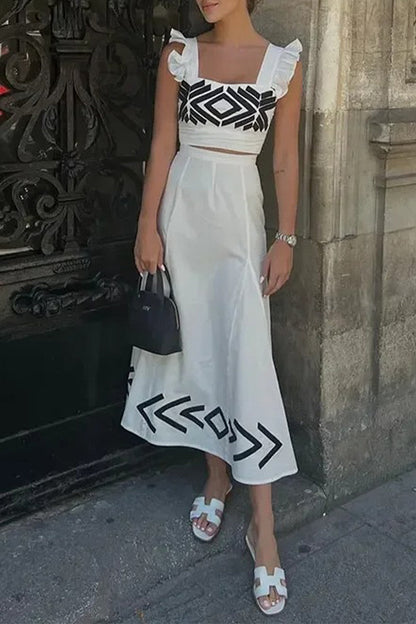 Conjunto informal de dos piezas con cuello cuadrado, volantes y estampado geométrico para vacaciones