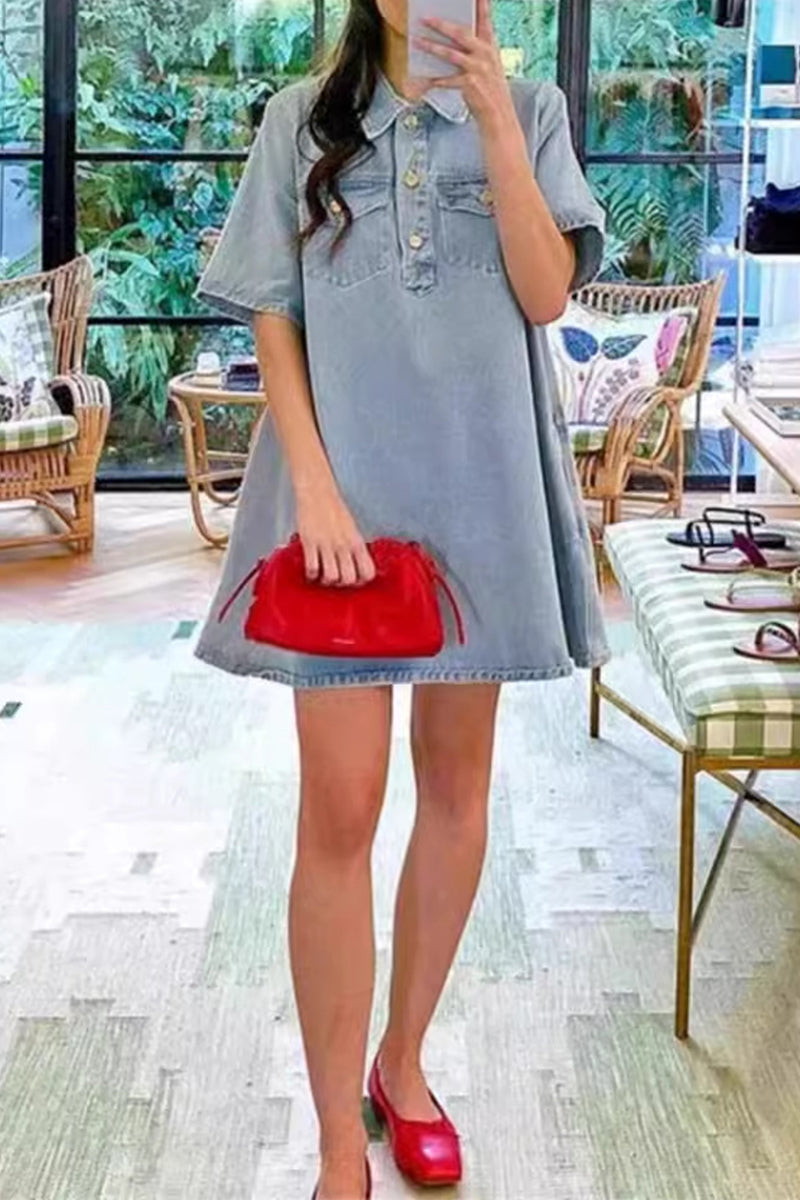 Vestidos casuales de mezclilla sueltos de manga corta con cuello vuelto y botones de color sólido para uso diario