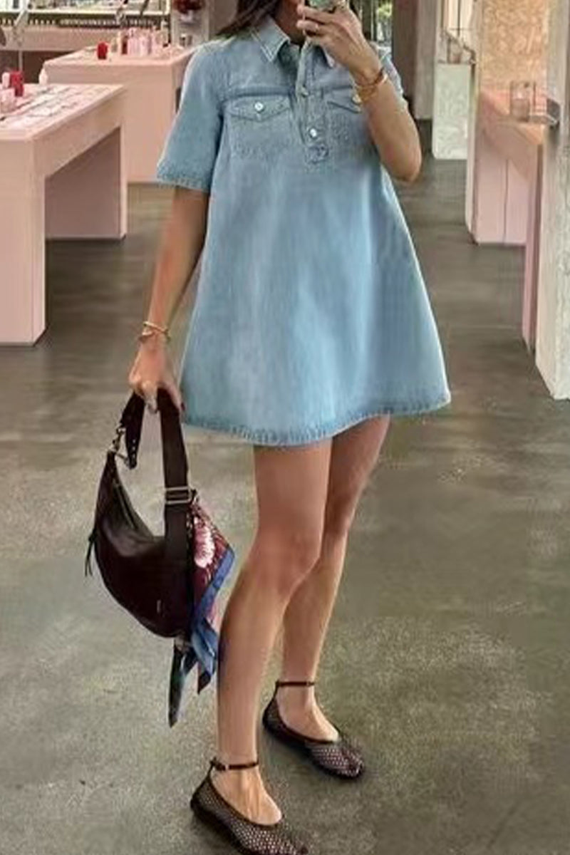 Vestidos casuales de mezclilla sueltos de manga corta con cuello vuelto y botones de color sólido para uso diario