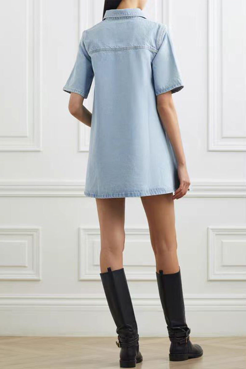 Vestidos casuales de mezclilla sueltos de manga corta con cuello vuelto y botones de color sólido para uso diario