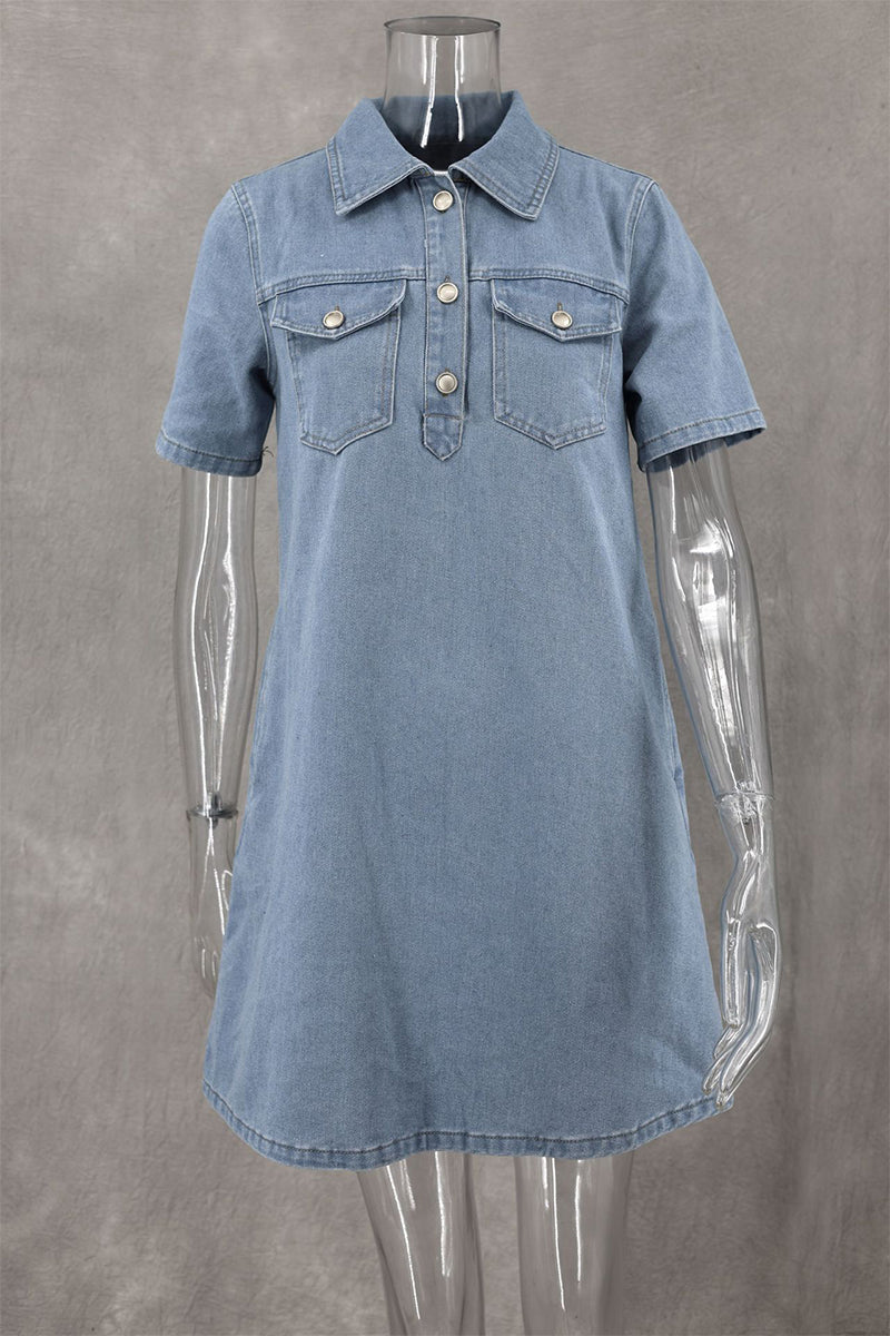 Vestidos casuales de mezclilla sueltos de manga corta con cuello vuelto y botones de color sólido para uso diario