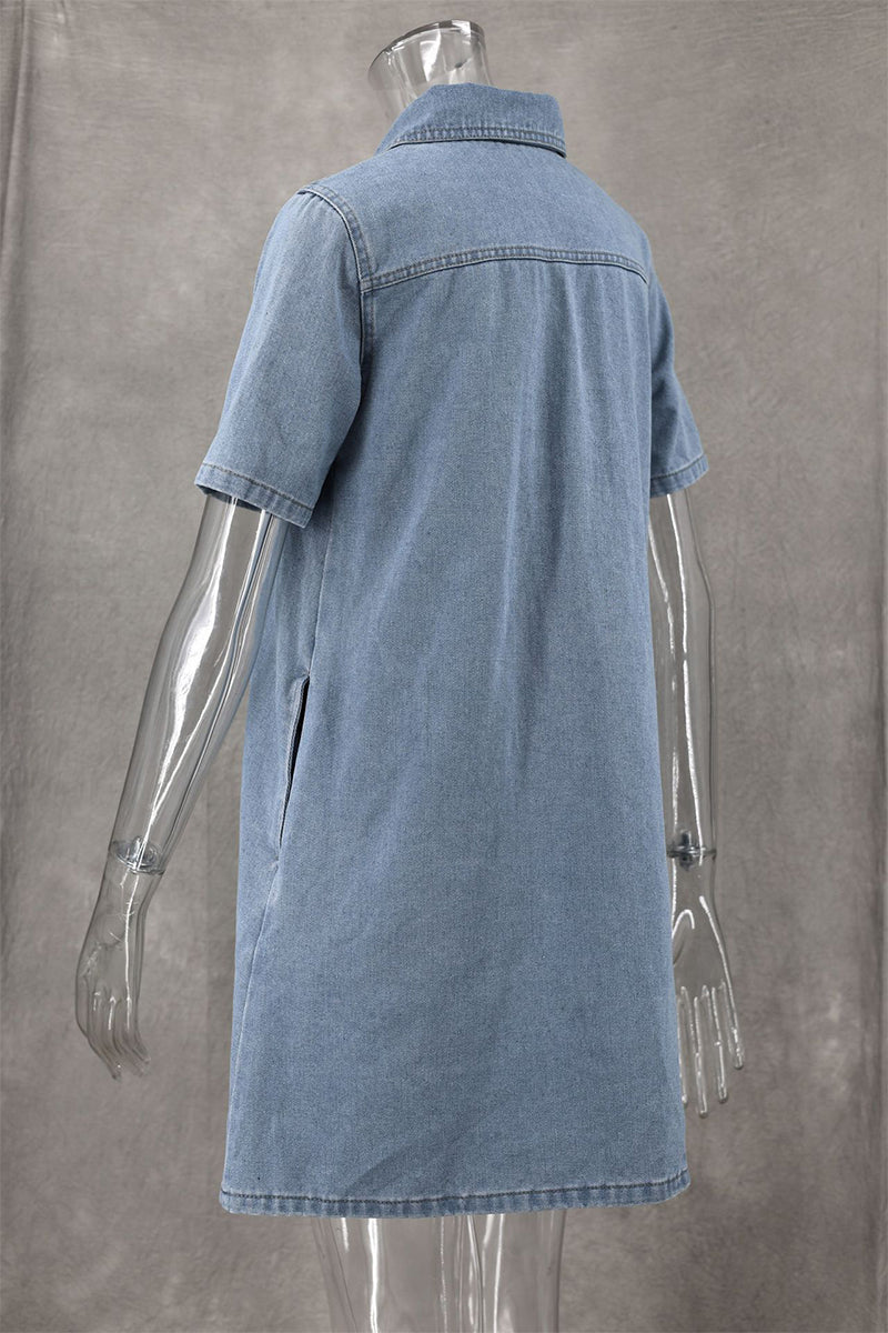 Vestidos casuales de mezclilla sueltos de manga corta con cuello vuelto y botones de color sólido para uso diario