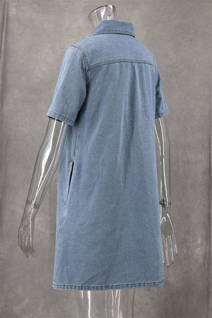 Vestidos casuales de mezclilla sueltos de manga corta con cuello vuelto y botones de color sólido para uso diario