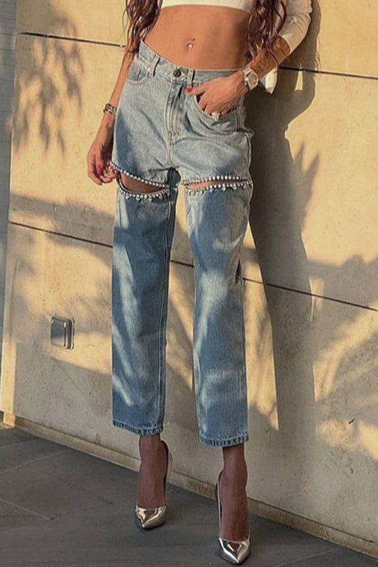 Vaqueros de mezclilla de cintura alta con decoración de diamantes de imitación en colores lisos de calle