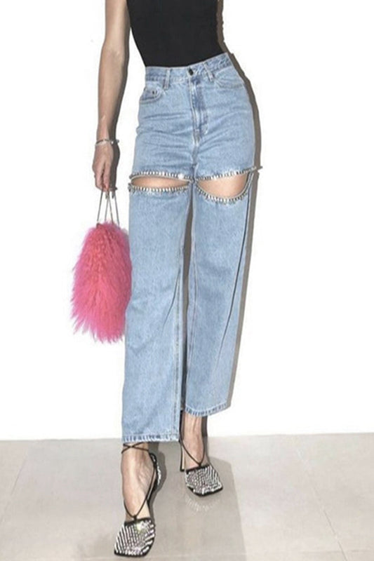 Vaqueros de mezclilla de cintura alta con decoración de diamantes de imitación en colores lisos de calle