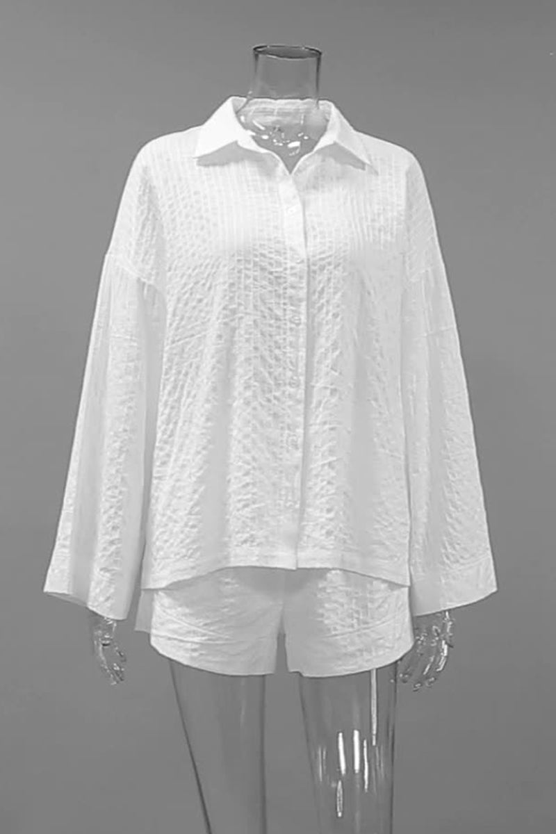 Conjunto de dos piezas de manga larga con cuello vuelto, botones y bolsillos de color liso de jacquard para uso diario en la calle