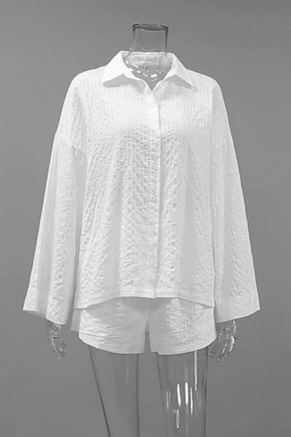 Conjunto de dos piezas de manga larga con cuello vuelto, botones y bolsillos de color liso de jacquard para uso diario en la calle