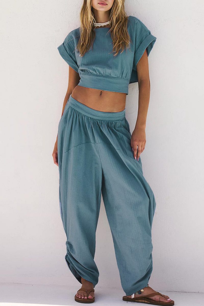 Conjunto informal de dos piezas con cordones, espalda descubierta, cuello redondo, manga corta (2 colores)