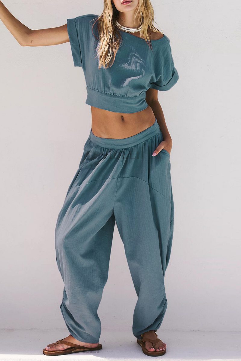 Conjunto informal de dos piezas con cordones, espalda descubierta, cuello redondo, manga corta (2 colores)
