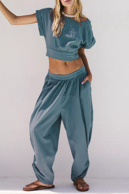 Conjunto informal de dos piezas con cordones, espalda descubierta, cuello redondo, manga corta (2 colores)
