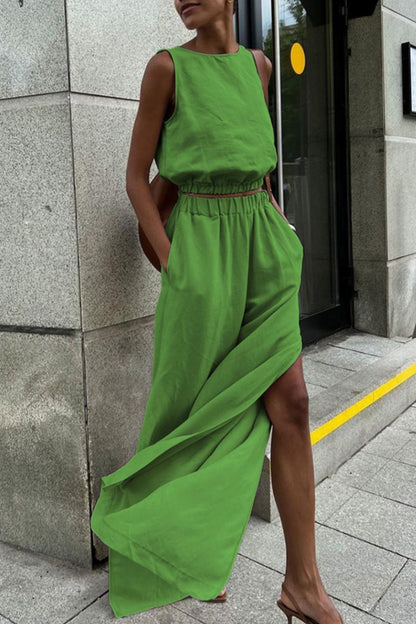 Casual Solid Color Slit O Neck Sleeveless Two Pieces(3 Colors)