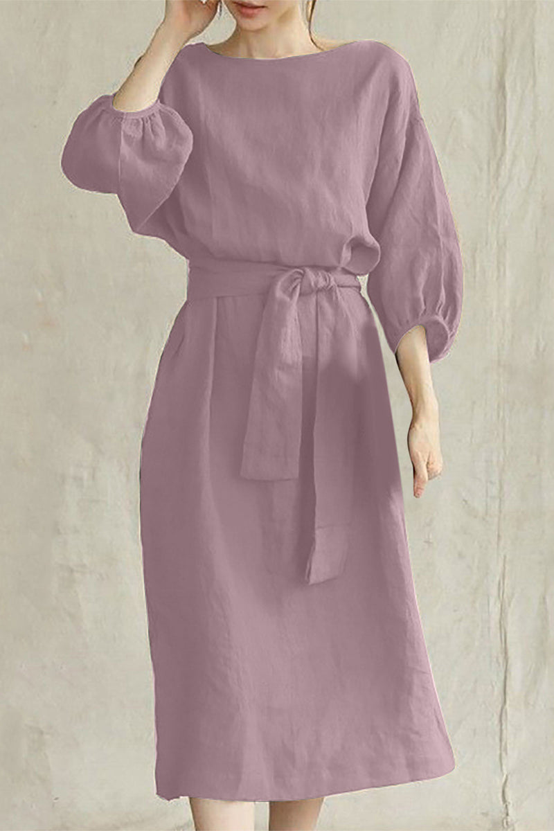 Vestidos casuales de corte A con cuello redondo, de color liso y cordones (12 colores)