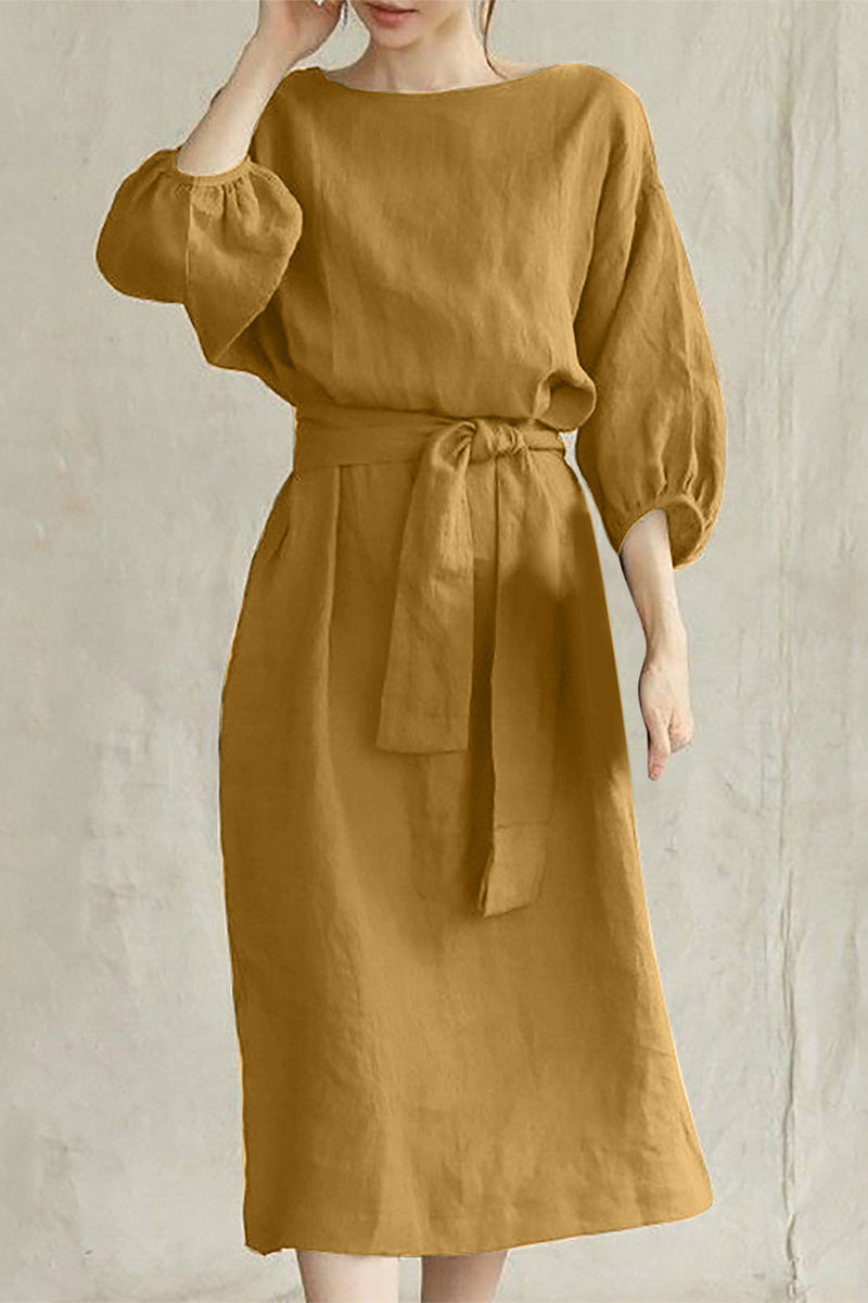 Vestidos casuales de corte A con cuello redondo, de color liso y cordones (12 colores)