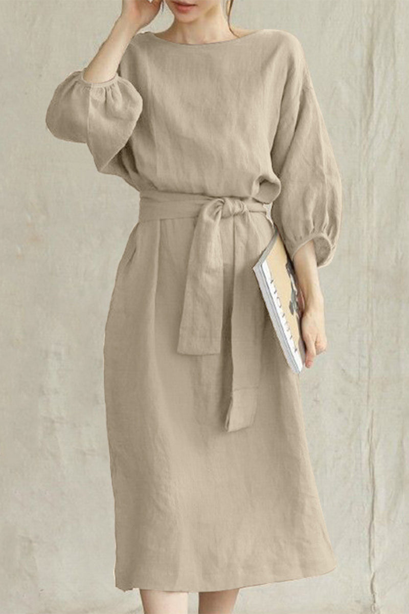 Vestidos casuales de corte A con cuello redondo, de color liso y cordones (12 colores)
