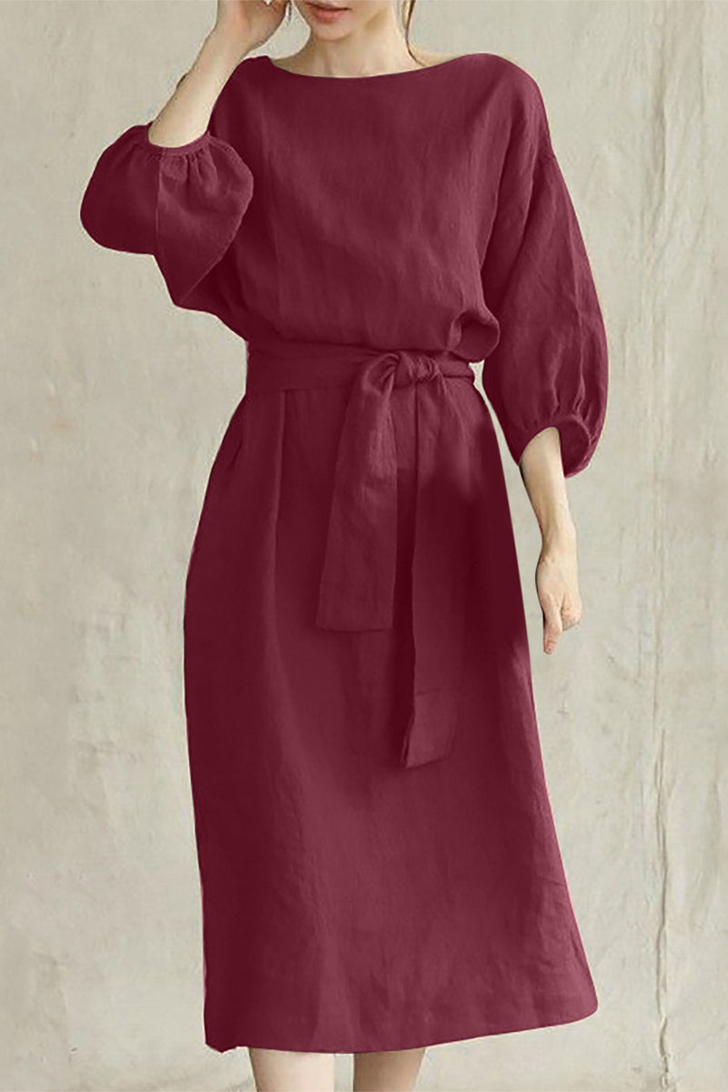 Vestidos casuales de corte A con cuello redondo, de color liso y cordones (12 colores)