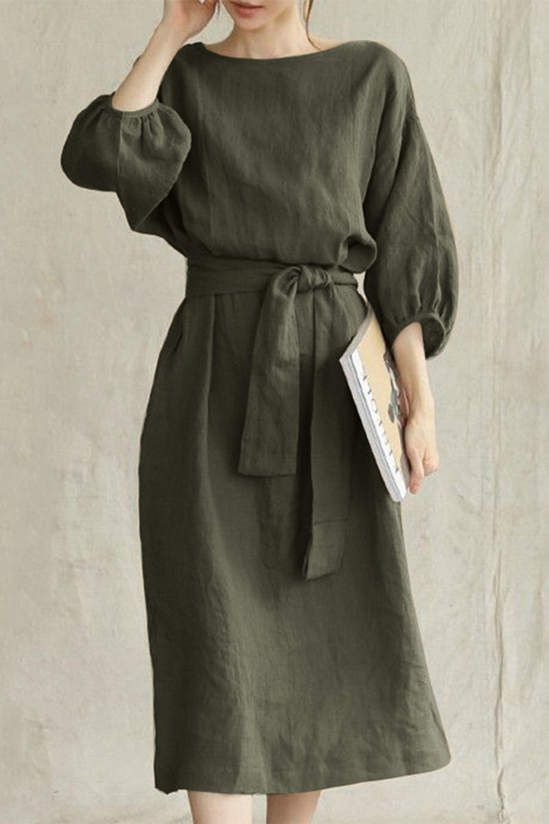 Vestidos casuales de corte A con cuello redondo, de color liso y cordones (12 colores)