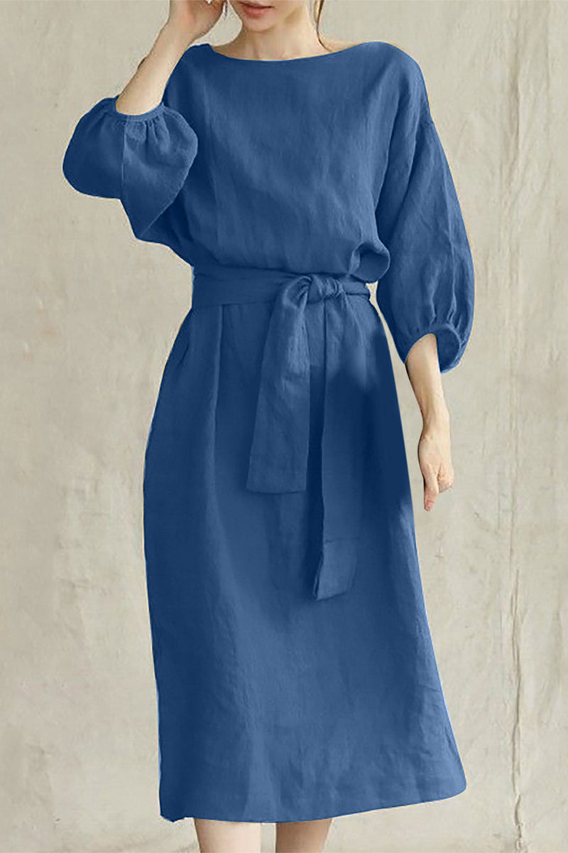 Vestidos casuales de corte A con cuello redondo, de color liso y cordones (12 colores)