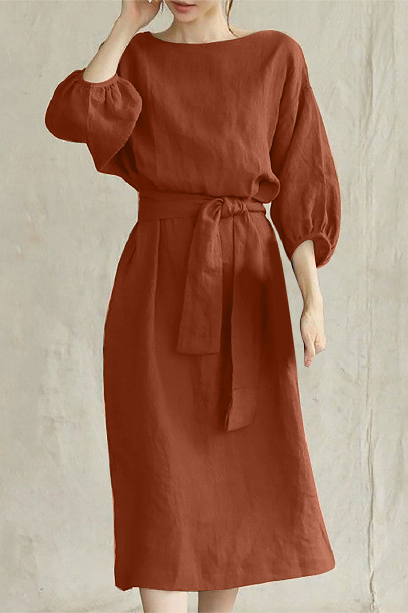 Vestidos casuales de corte A con cuello redondo, de color liso y cordones (12 colores)