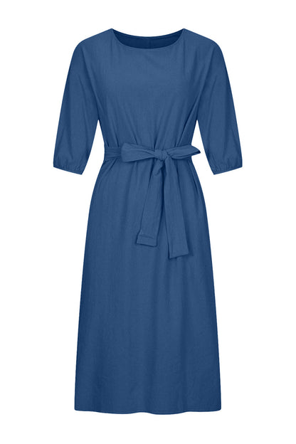 Vestidos casuales de corte A con cuello redondo, de color liso y cordones (12 colores)