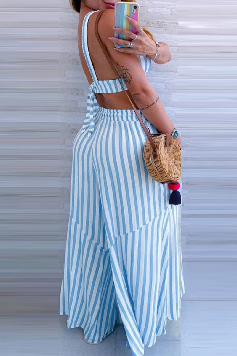 Conjunto de dos piezas con cuello en V, sin mangas, con volantes, bolsillos y rayas de calle sexy