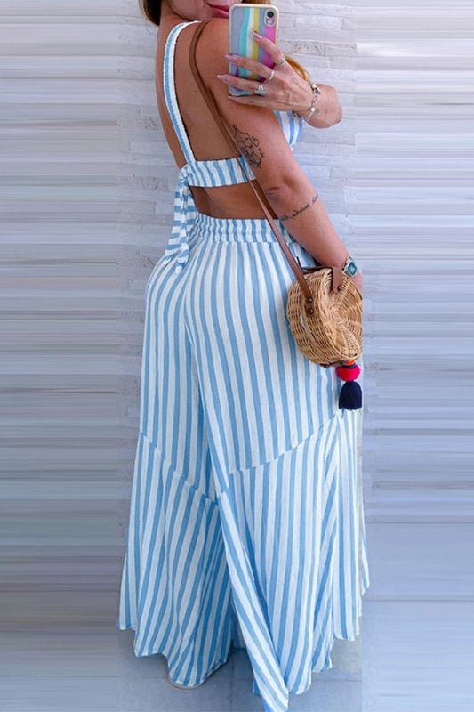 Conjunto de dos piezas con cuello en V, sin mangas, con volantes, bolsillos y rayas de calle sexy