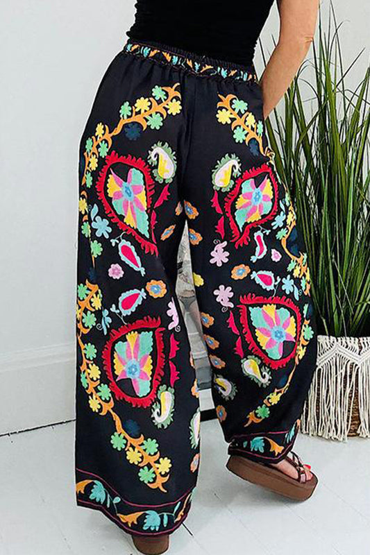 Pantalones casuales con estampado de grafiti callejero, flores, bolsillos, cintura alta, pierna ancha y estampado completo (3 colores)