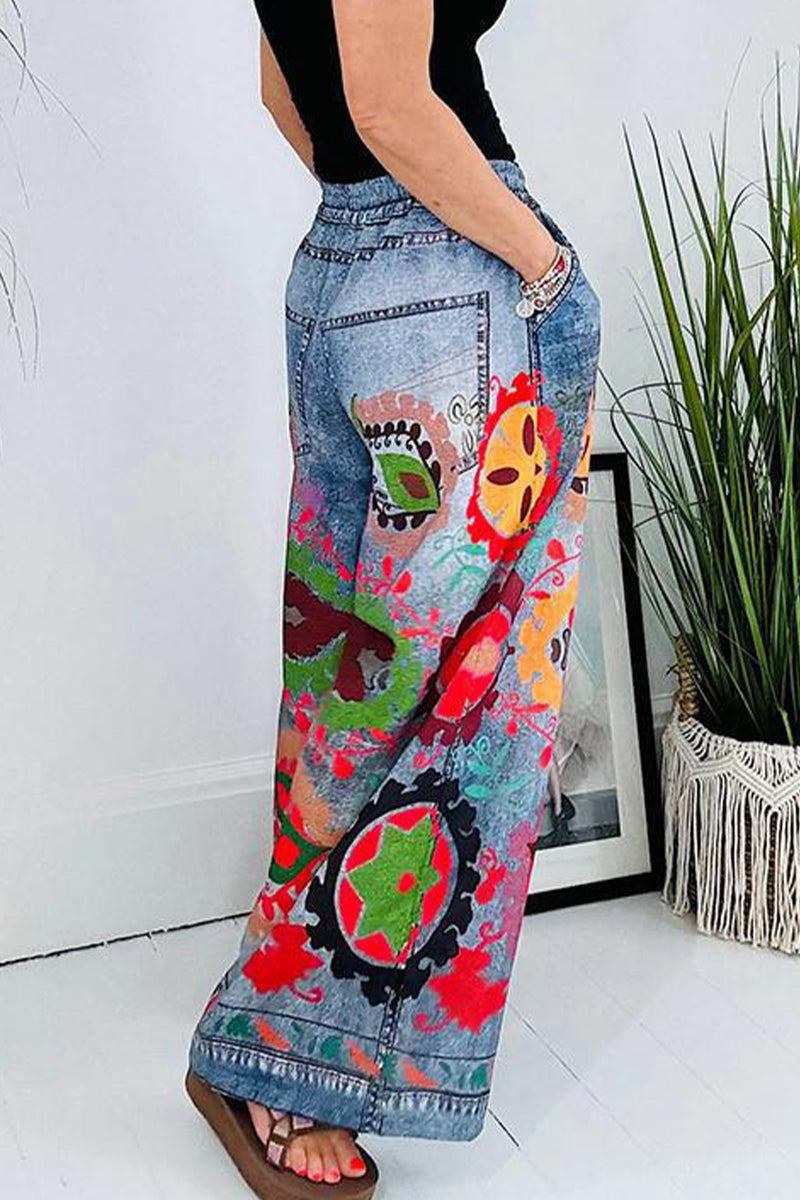 Pantalones casuales con estampado de grafiti callejero, flores, bolsillos, cintura alta, pierna ancha y estampado completo (3 colores)