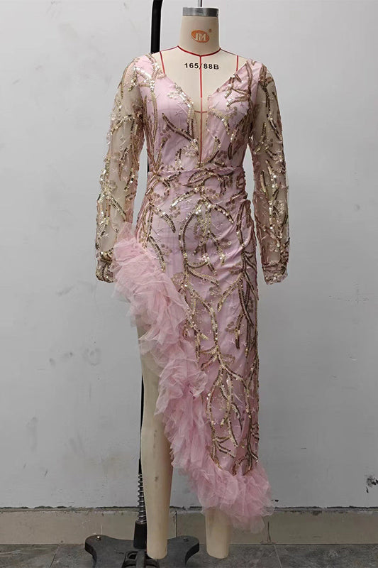 Sexy Solid Color Sequins Ruffle V Neck Evening Dresses