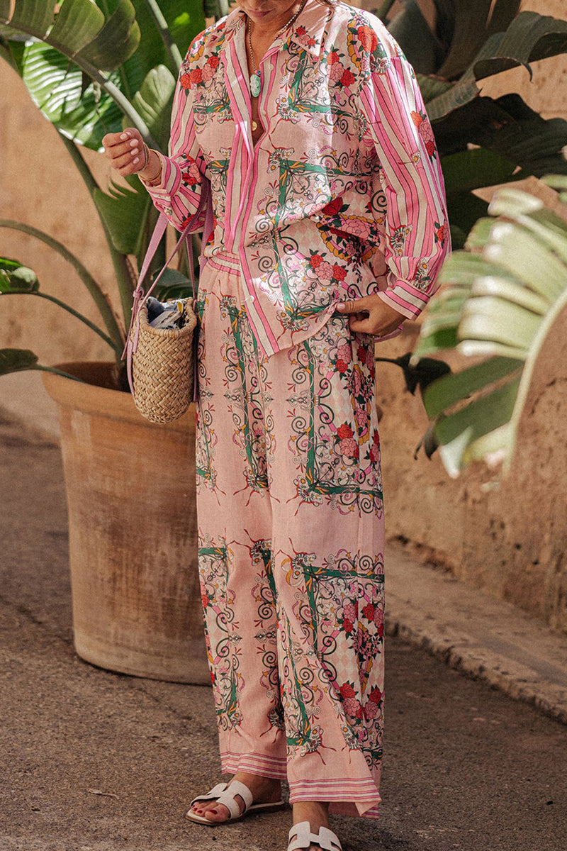 Conjunto informal de dos piezas con estampado floral, bolsillo, cuello vuelto, manga larga