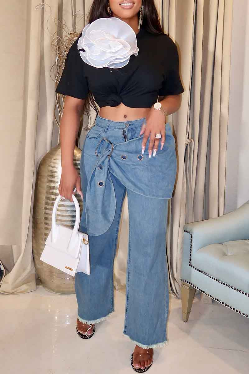 Vaqueros rectos de cintura media con parches de color liso informales