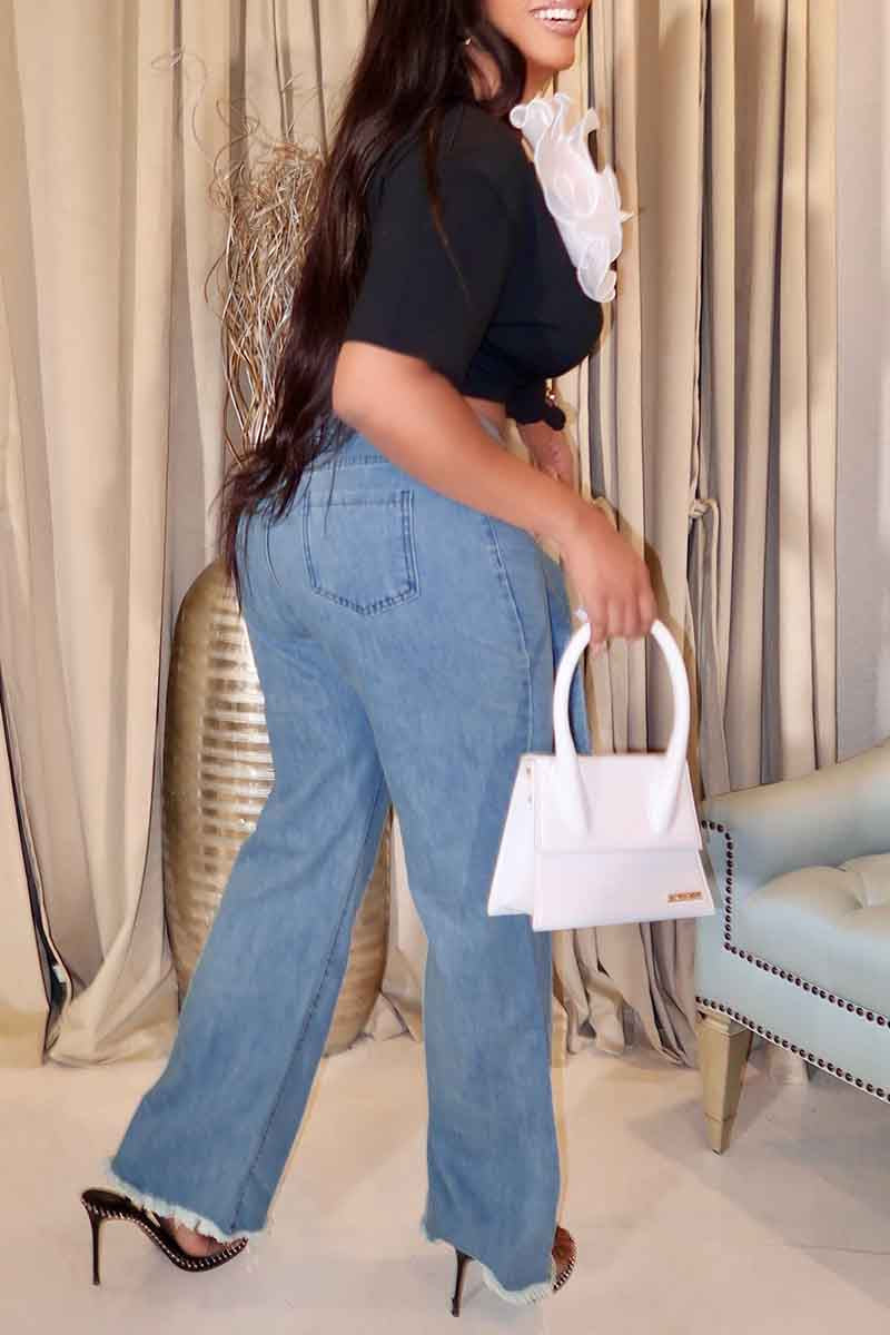 Vaqueros rectos de cintura media con parches de color liso informales