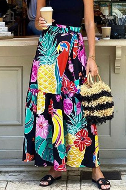 Pantalones casuales de cintura alta, holgados, con cordones y estampado de frutas de calle, tipo A, con estampado completo