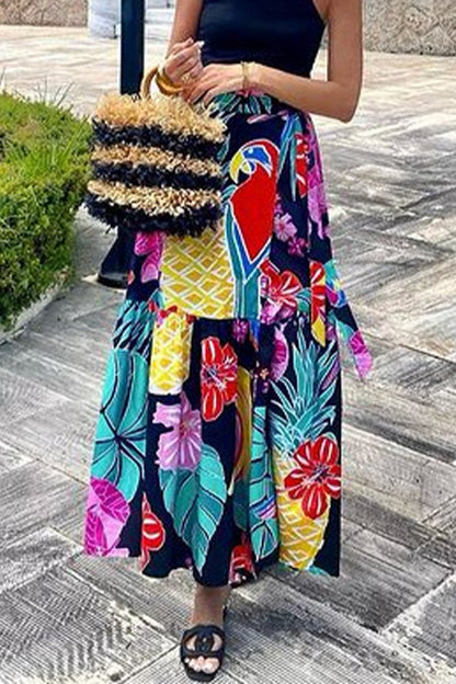 Pantalones casuales de cintura alta, holgados, con cordones y estampado de frutas de calle, tipo A, con estampado completo