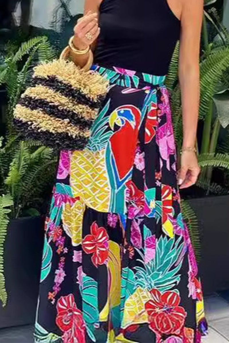 Pantalones casuales de cintura alta, holgados, con cordones y estampado de frutas de calle, tipo A, con estampado completo