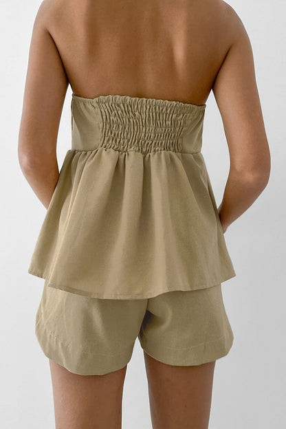 Conjunto informal de dos piezas con cuello halter, fruncido, sin mangas y estampado de color liso para uso diario.