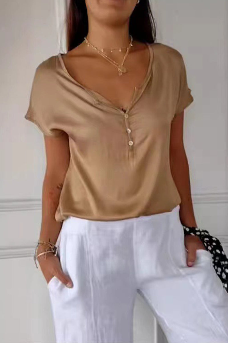 Camisetas casuales de cuello en V con botones de color liso para uso diario