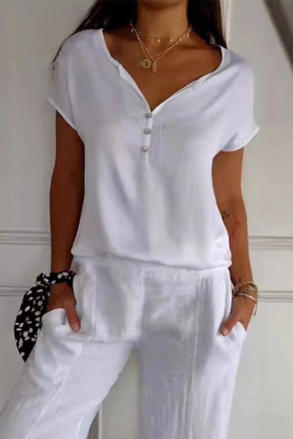 Camisetas casuales de cuello en V con botones de color liso para uso diario