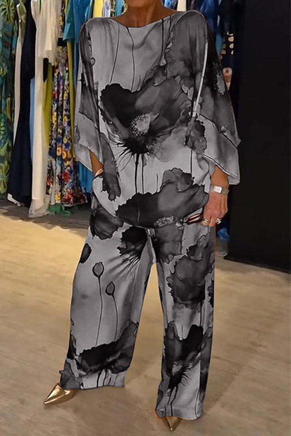 Conjunto informal de dos piezas con cuello redondo y estampado floral urbano (7 colores)