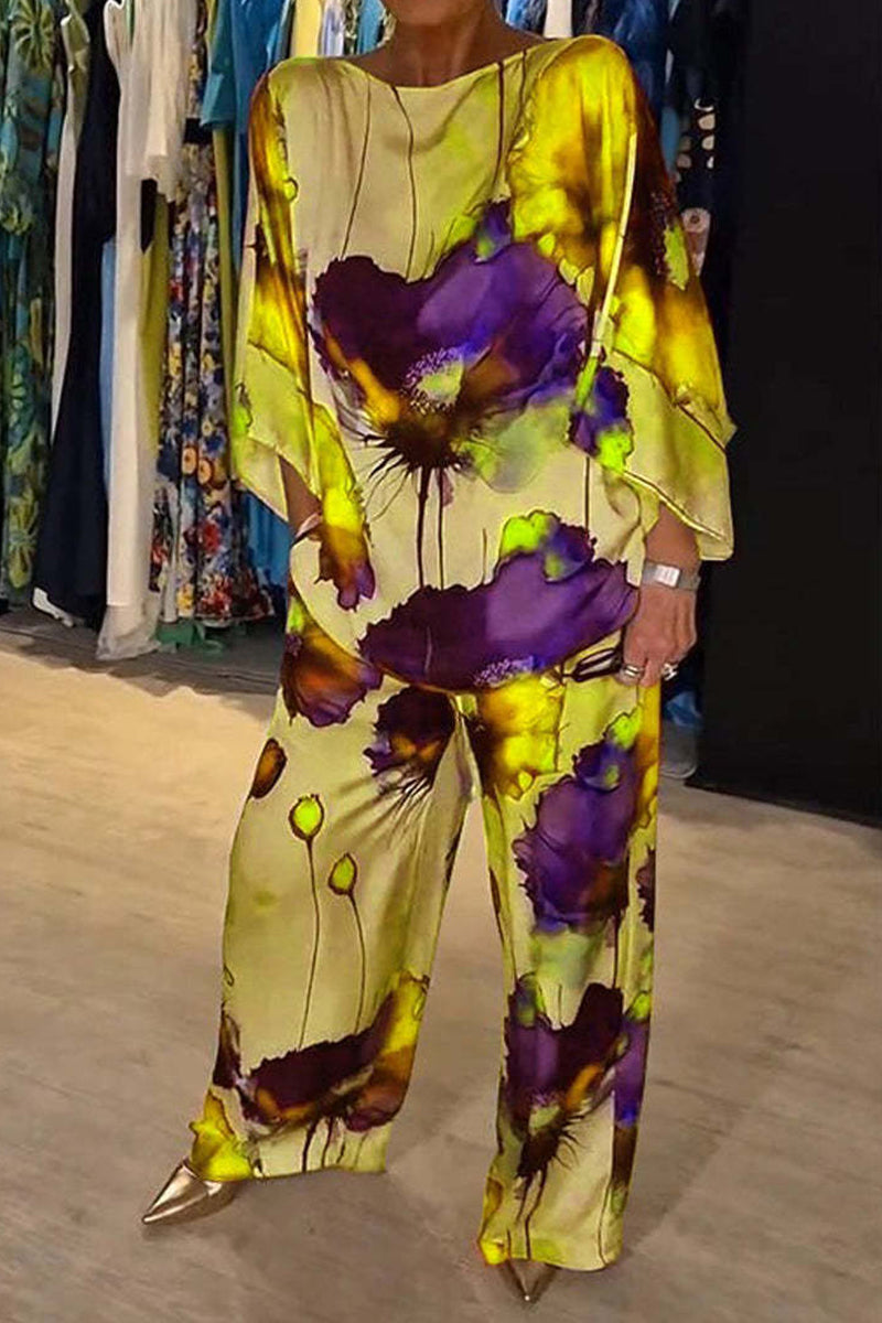 Conjunto informal de dos piezas con cuello redondo y estampado floral urbano (7 colores)