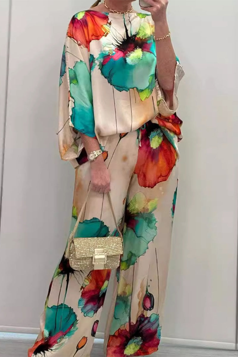 Conjunto informal de dos piezas con cuello redondo y estampado floral urbano (7 colores)