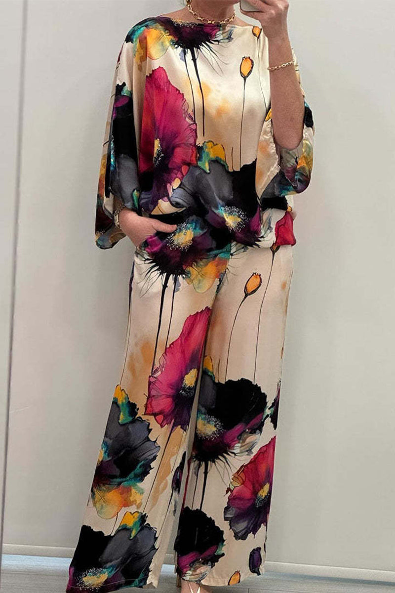 Conjunto informal de dos piezas con cuello redondo y estampado floral urbano (7 colores)